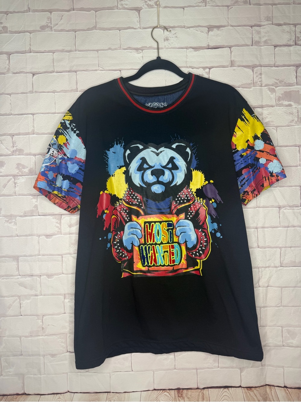 Most Wanted Panda Graphic T-Shirt Black Multicolor Streetwear Size Large